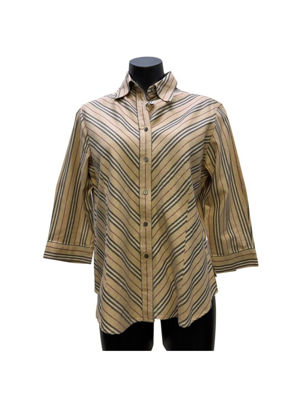 Burberry London Striped Button-Down Shirt Tan/Red 3/4 Sleeves XL